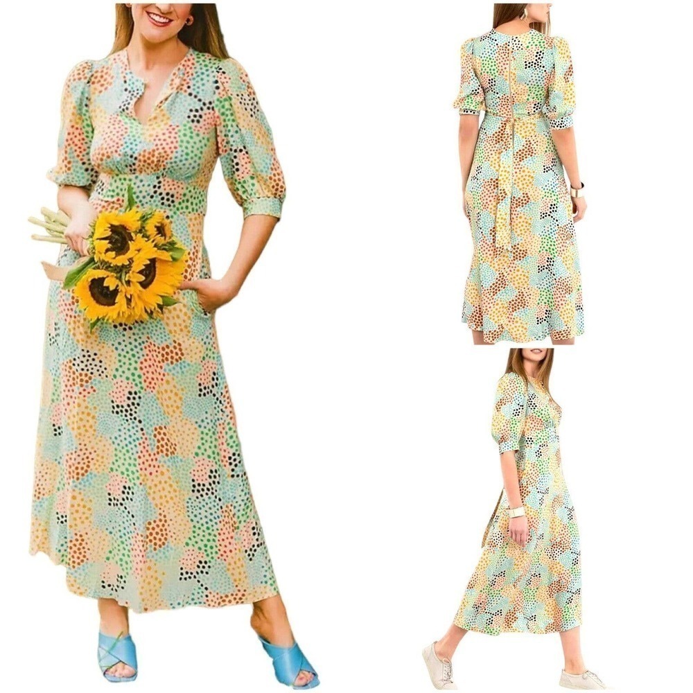 Closet London Beige Keyhole Front Short Puff Sleeve Dot Print Midi Dress Size 6